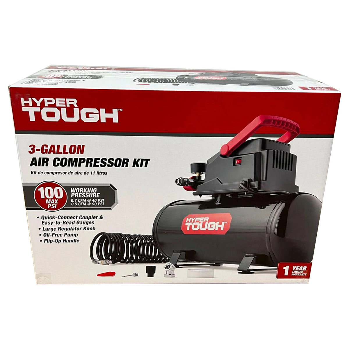 3 Gallon Oil-free Portable Air Compressor with Hose & Inflation Accessory Kit, 100 PSI C14981