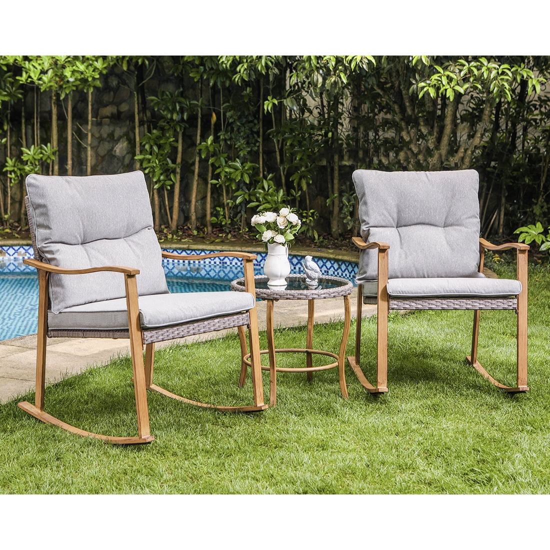 3 Piece Metal Bistro Set with Gray Cushions J854