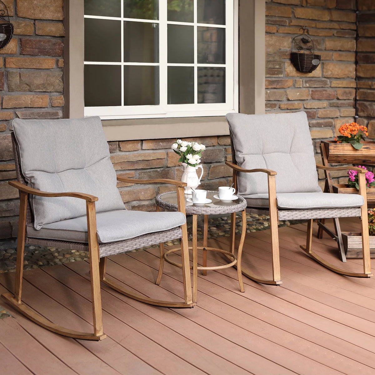 3 Piece Metal Bistro Set with Gray Cushions J854