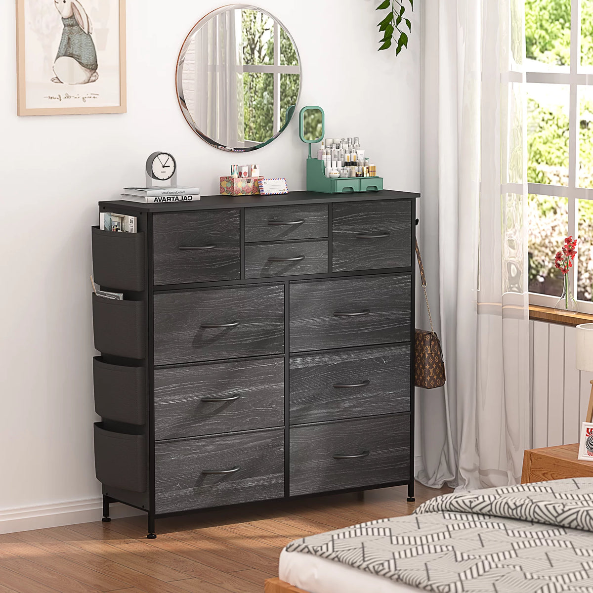 Black 10 Drawer Fabric Dresser with Wood Top Y747017