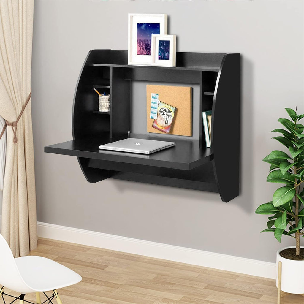 White Wall Mounted Floating Computer Desk with Storage Shelves F272