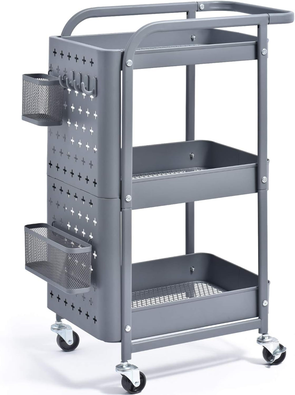 3-Tier Metal Rolling Storage Cart with Pegboard P61179