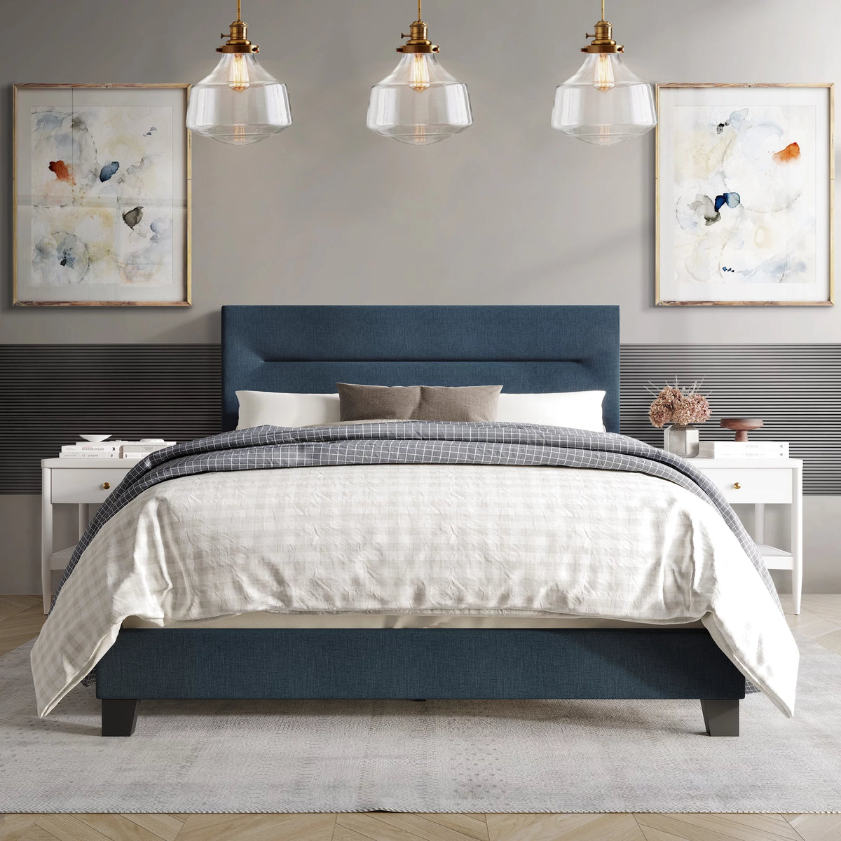 Blue Linen Upholstered Twin Bed S44252