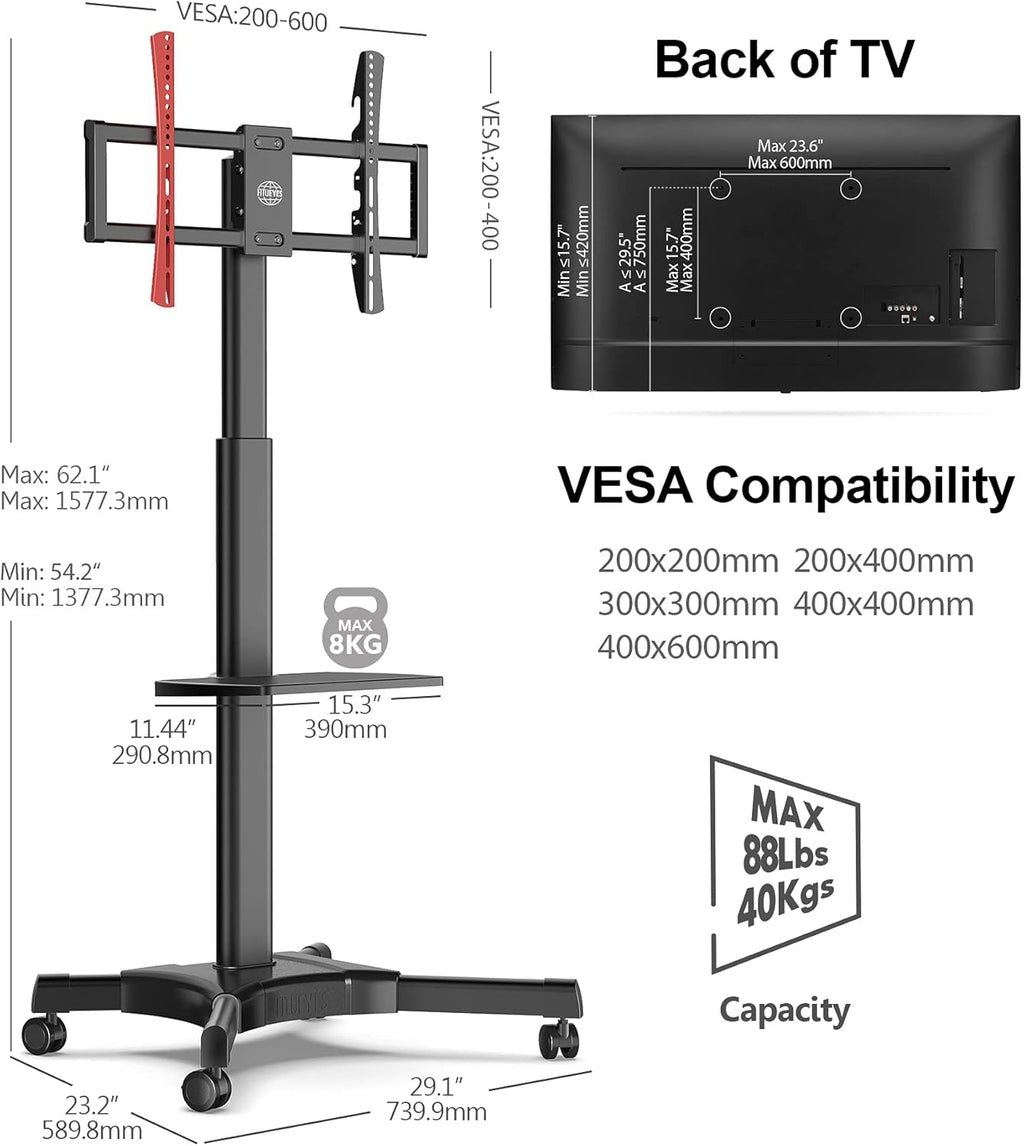 Black Mobile TV Stand for 32 to 70 Inch TVs with Adjustable Shelf S660784