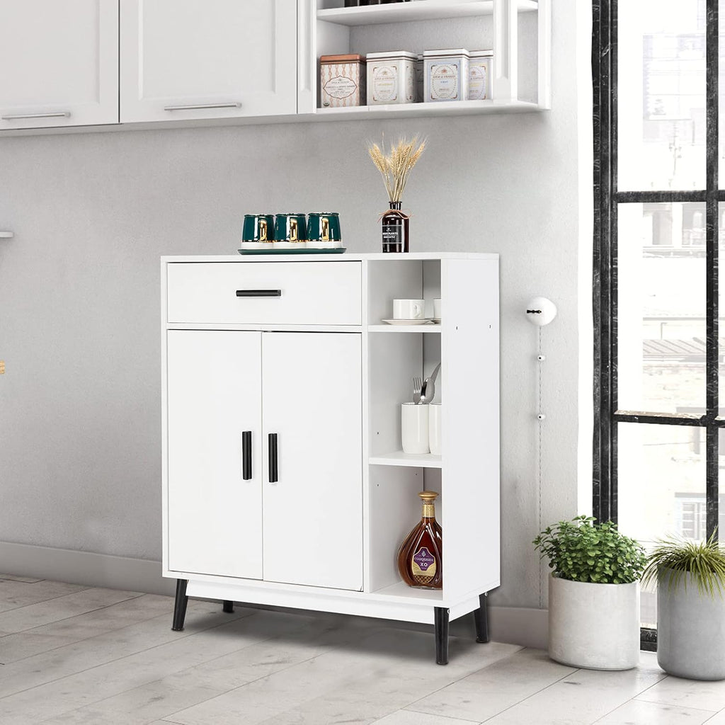 White Wood Accent Cabinet with Open Shelves and Doors F5231