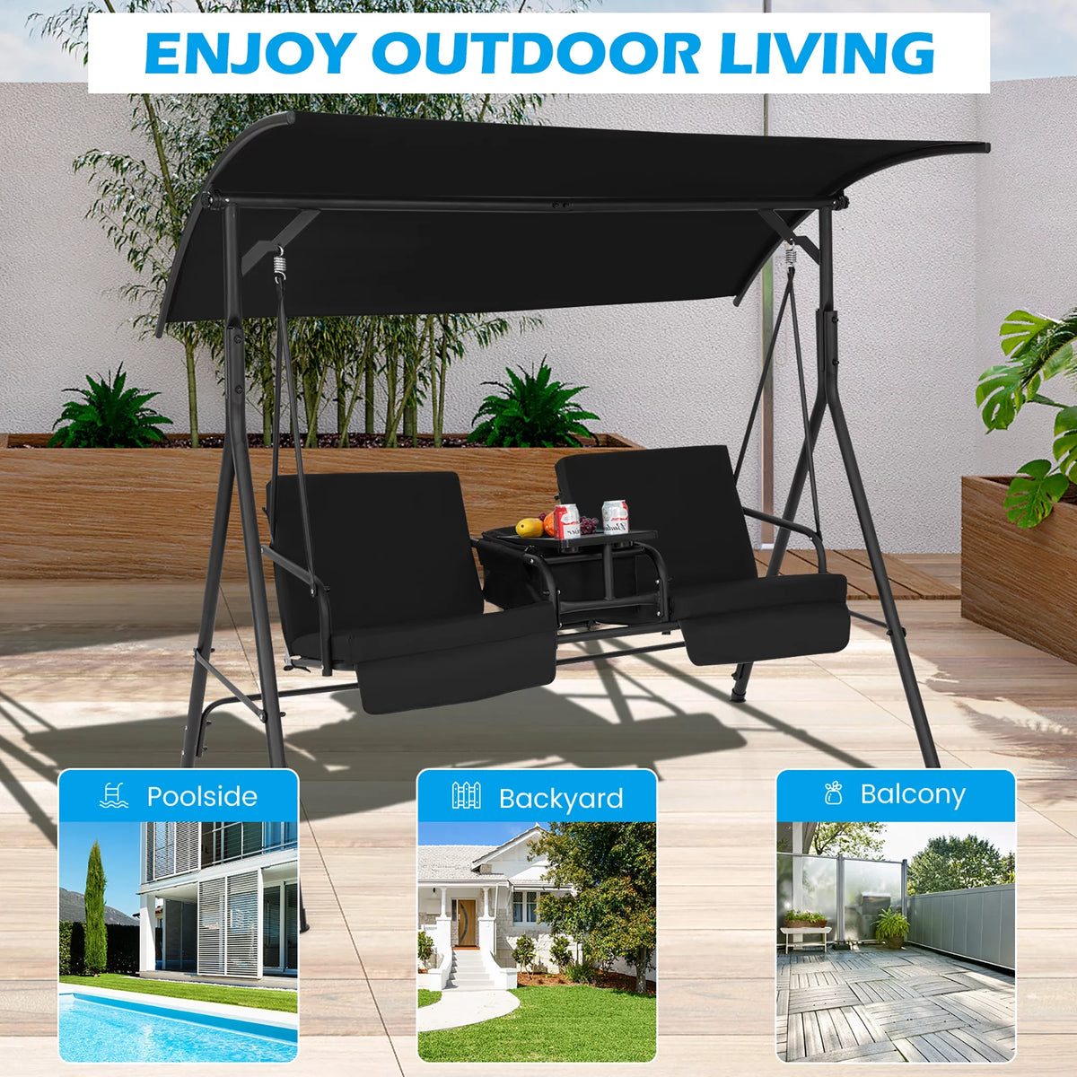 2-Person Canopy Porch Swing Padded Chair with Cooler Bag N2729