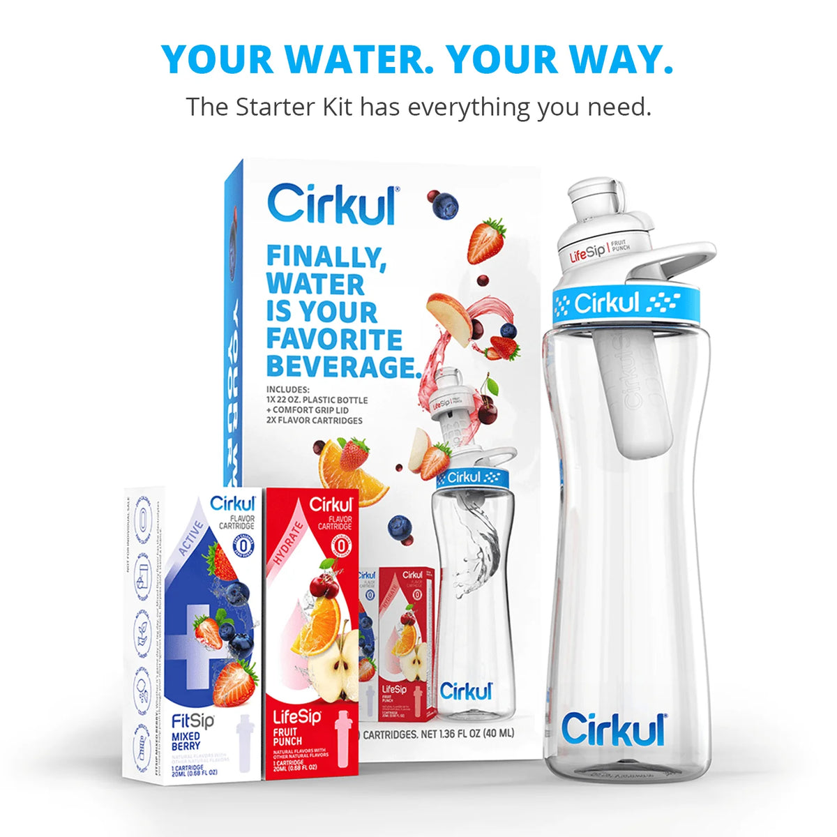 22oz Plastic Water Bottle Starter Kit with Blue Lid and 2 Flavor Cartridges C131535