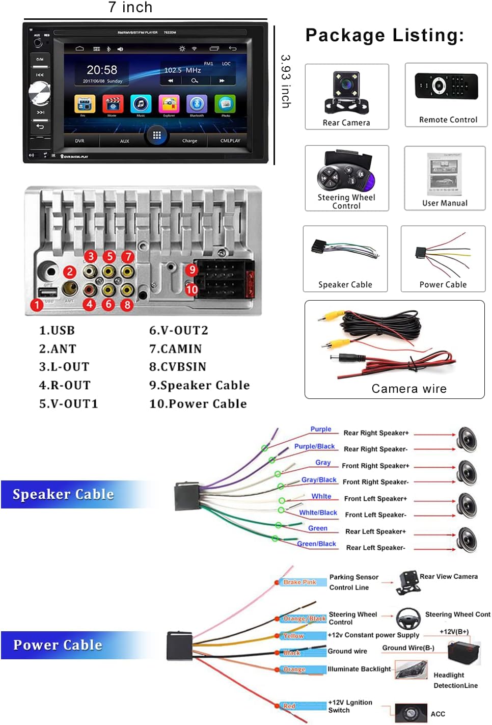 Double Din Bluetooth Car Stereo 6.2 Inch Touch Screen MP5 Player with Backup Camera C1365