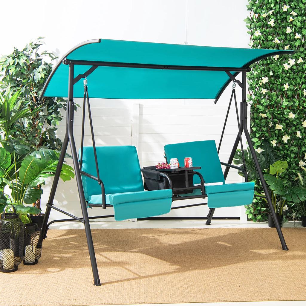 2-Person Canopy Porch Swing Padded Chair with Cooler Bag N2729