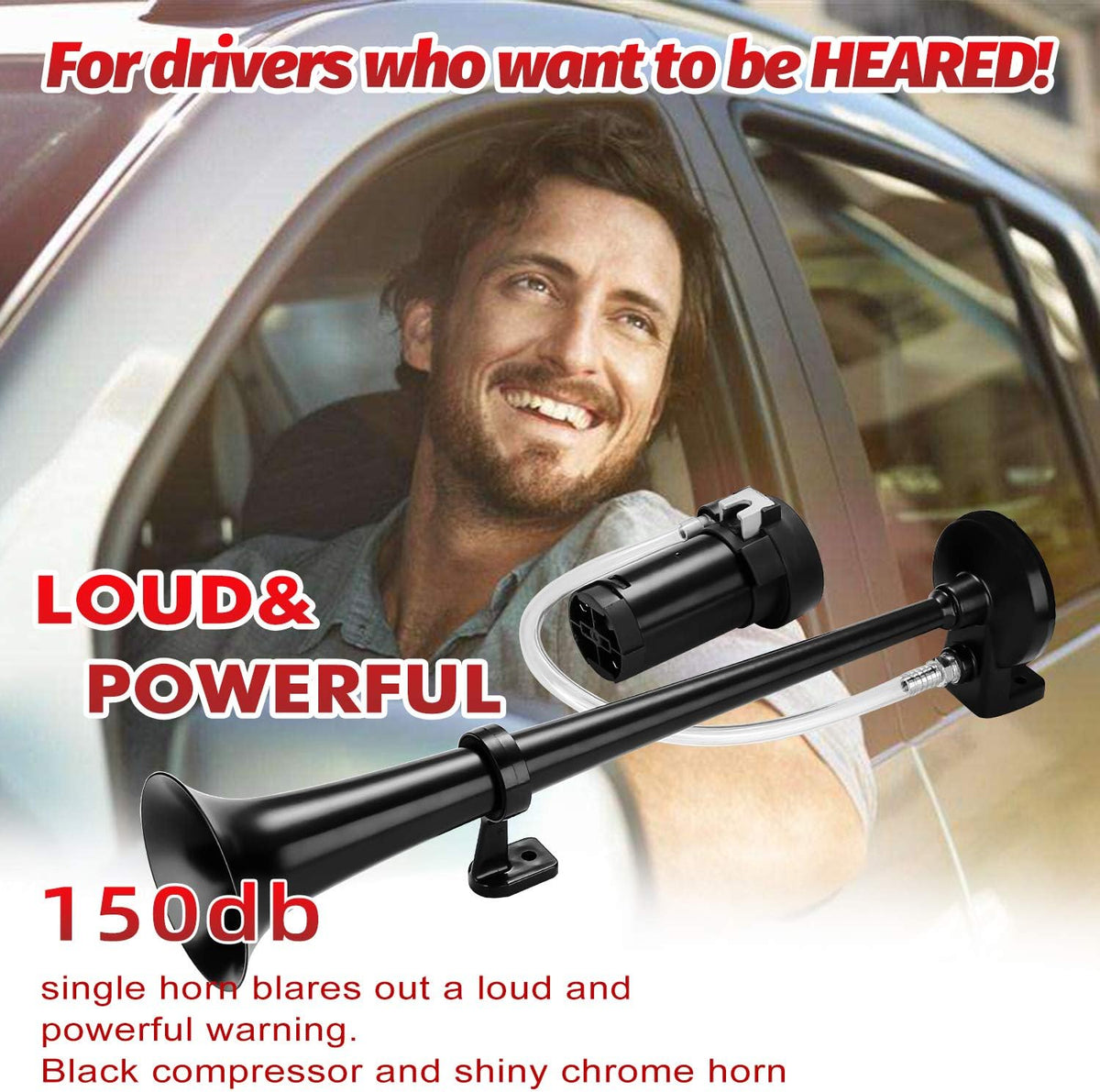 12V 150db Air Horn Kit with Compressor Single Trumpet Black A6015