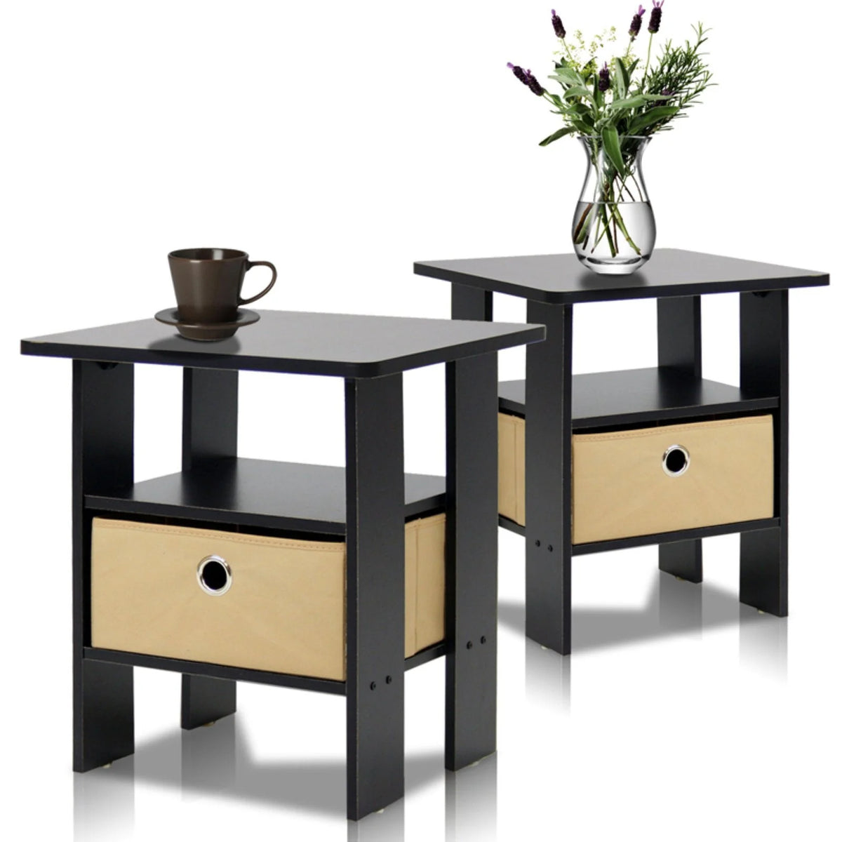 French Oak Grey Black Set of 2 End Table Nightstand with Bin Drawer W47801