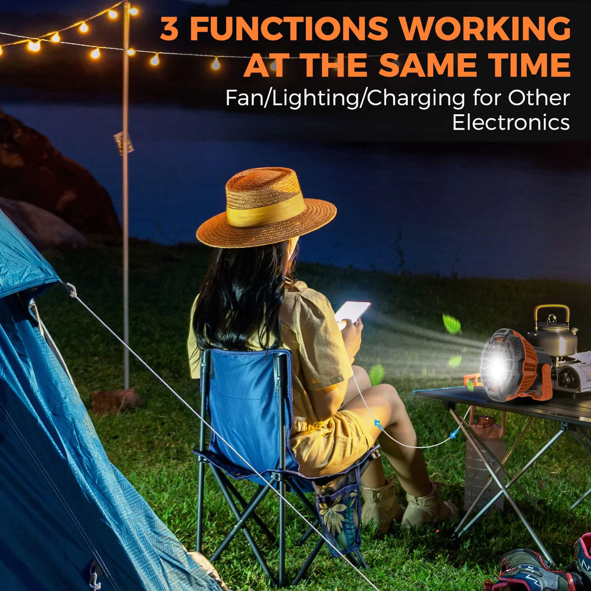 Camping Tent Fan with LED Lantern, Rechargeable 5200mAh Hanging Fan J6493