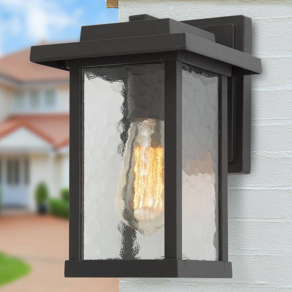 1-Light Textured Black Outdoor Wall Lantern Sconce with Water Glass Shade C6545