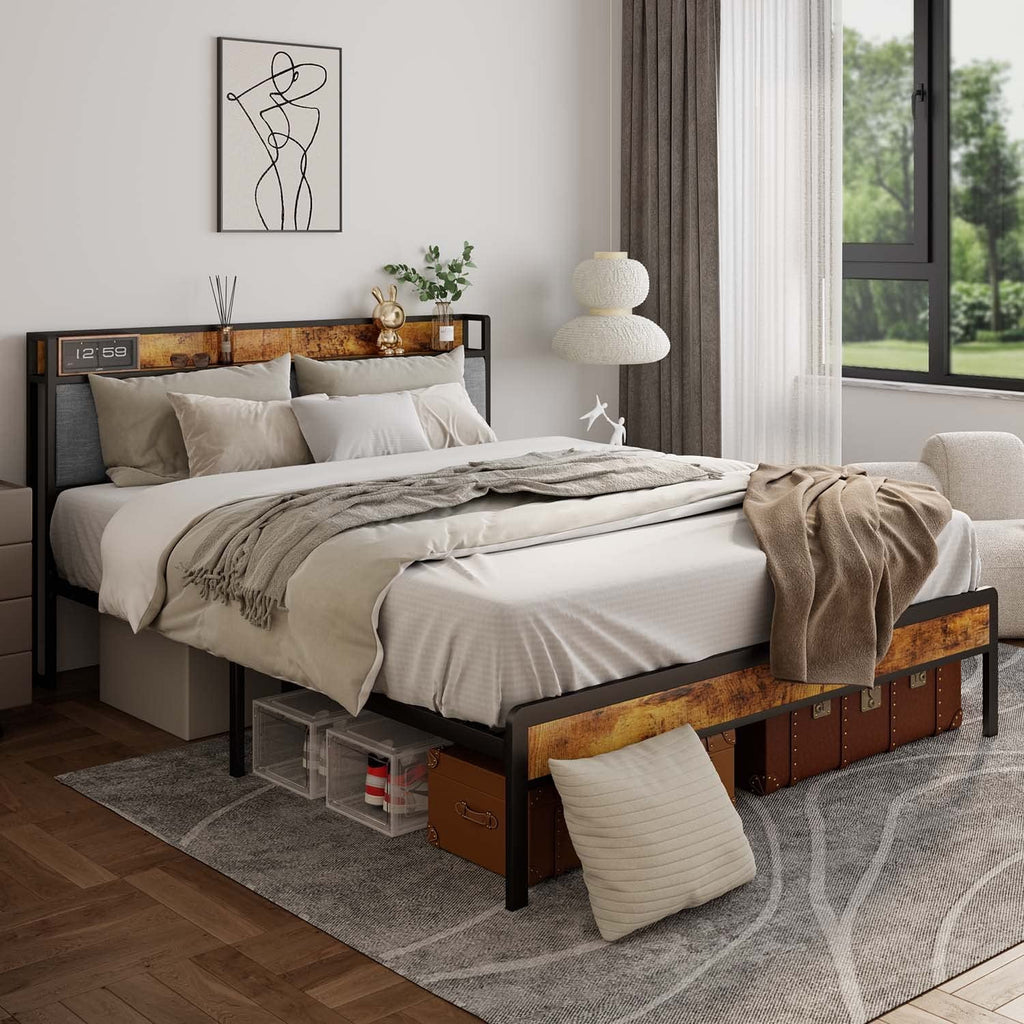Full Size Bed Frame with Storage Headboard Dark Gray L161227