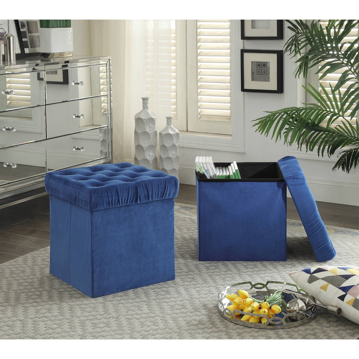 Foldable Storage Cube Ottoman Stool, 2-Piece Set, Blue E9009