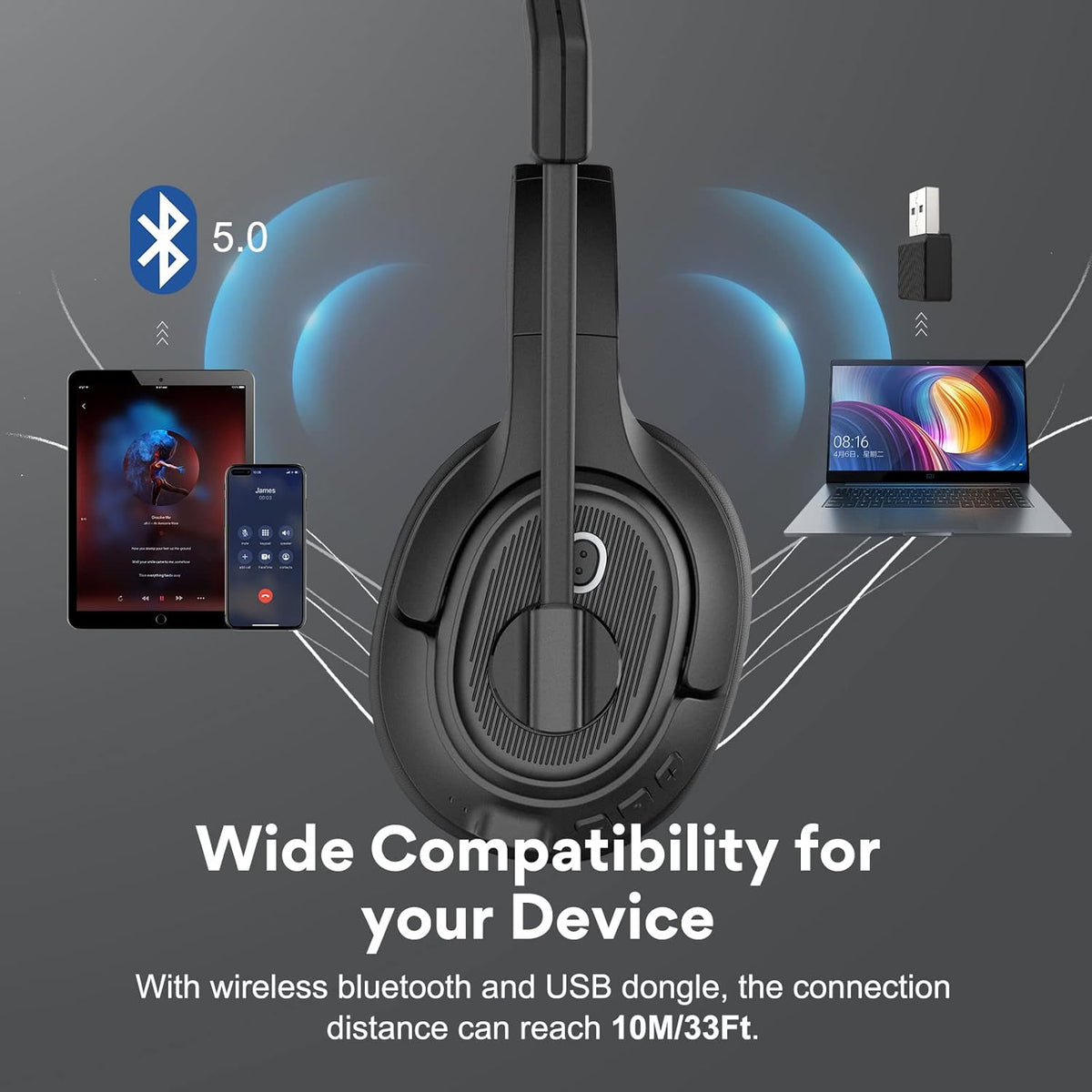 Bluetooth Headsets with Microphone & USB Dongle, 30 Hours Talk Time, Over-Ear Wireless Headphone J97821