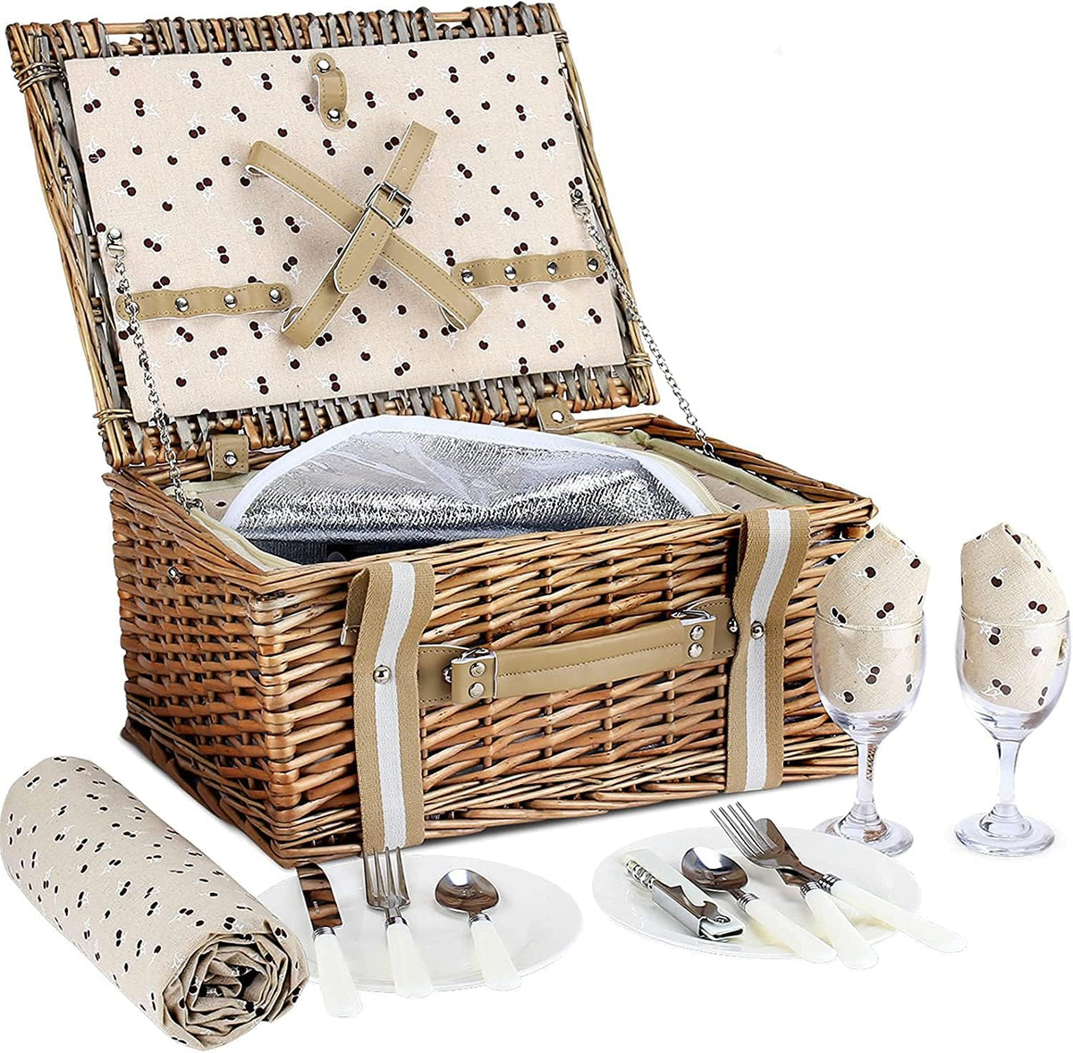 Wicker Picnic Basket Set for 2 Persons with Cooler Bag and Picnic Blanket Q25450