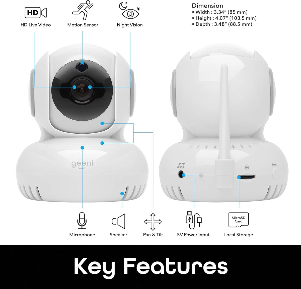 720p Wireless Indoor Surveillance Camera with Pan/Tilt/Zoom, Night Vision and Motion Alerts, White G2784
