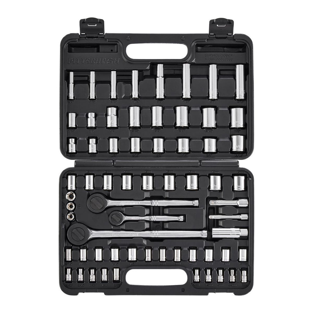 1/4 in., 3/8 in., and 1/2 in. Drive SAE and Metric Socket Set, 64-Piece V605079