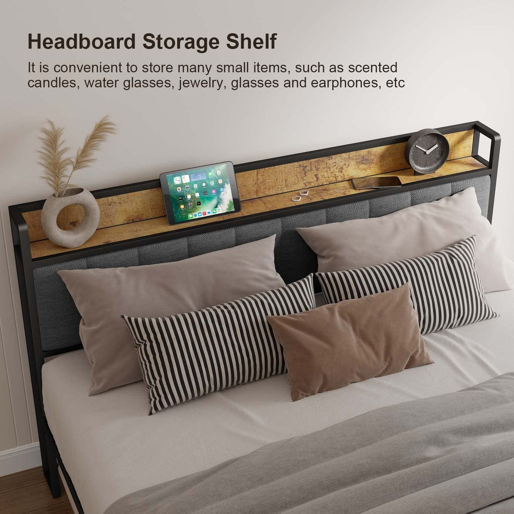 Full Size Bed Frame with Storage Headboard Dark Gray L161227