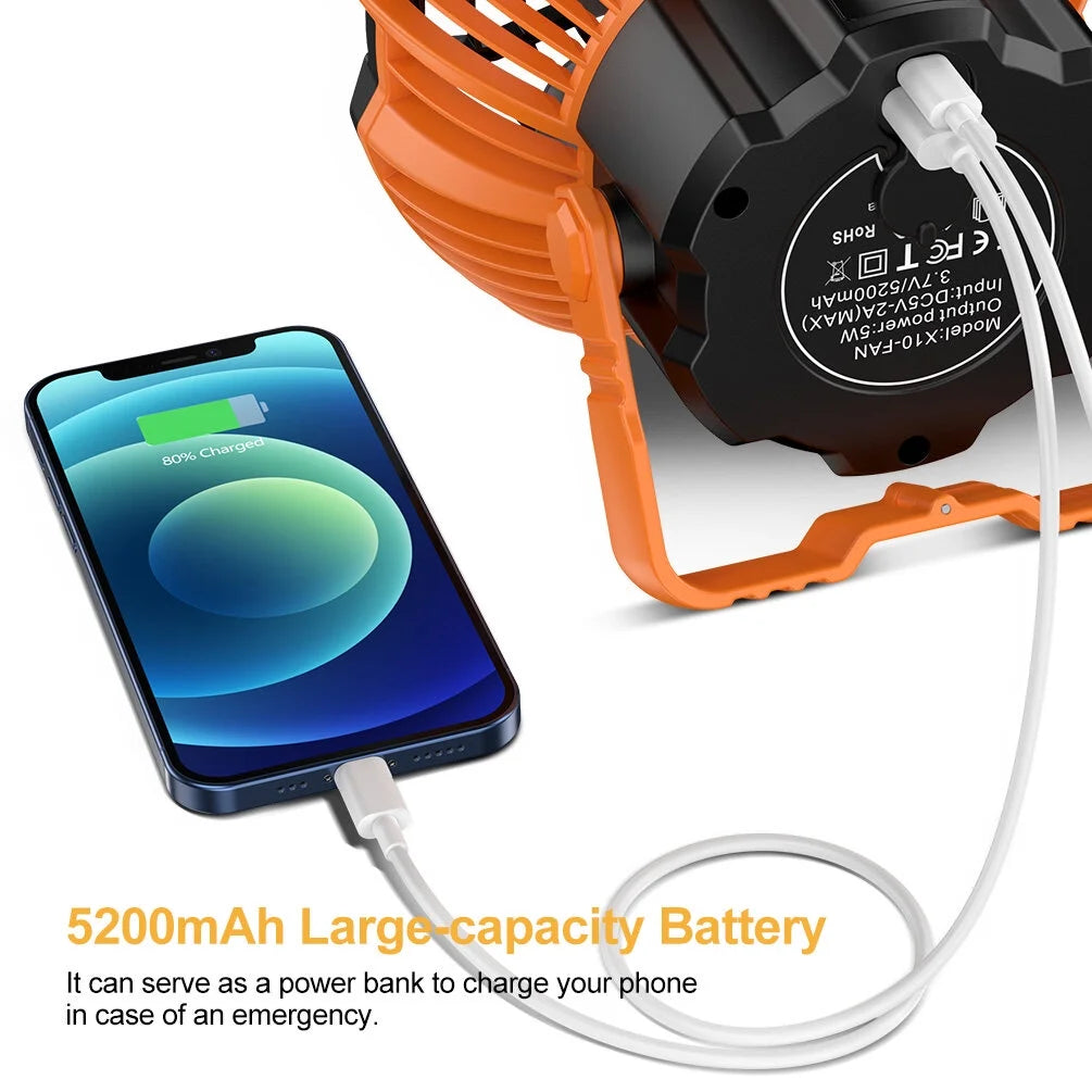 Camping Tent Fan with LED Lantern, Rechargeable 5200mAh Hanging Fan J6493