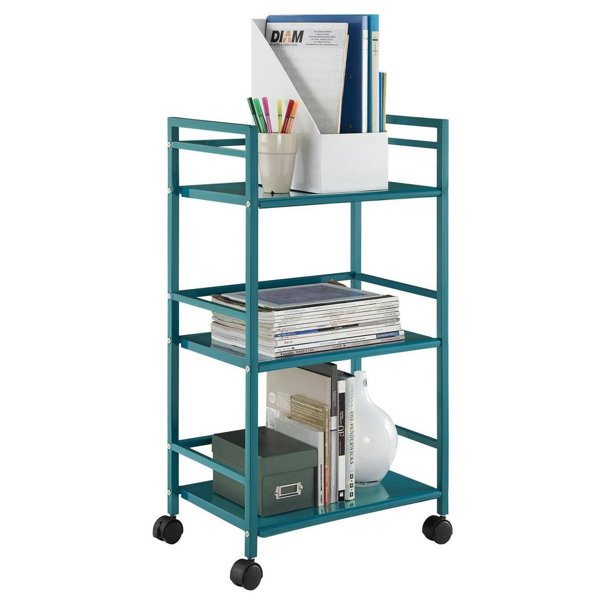 3 Shelf Metal Rolling Utility Cart Teal Q515799