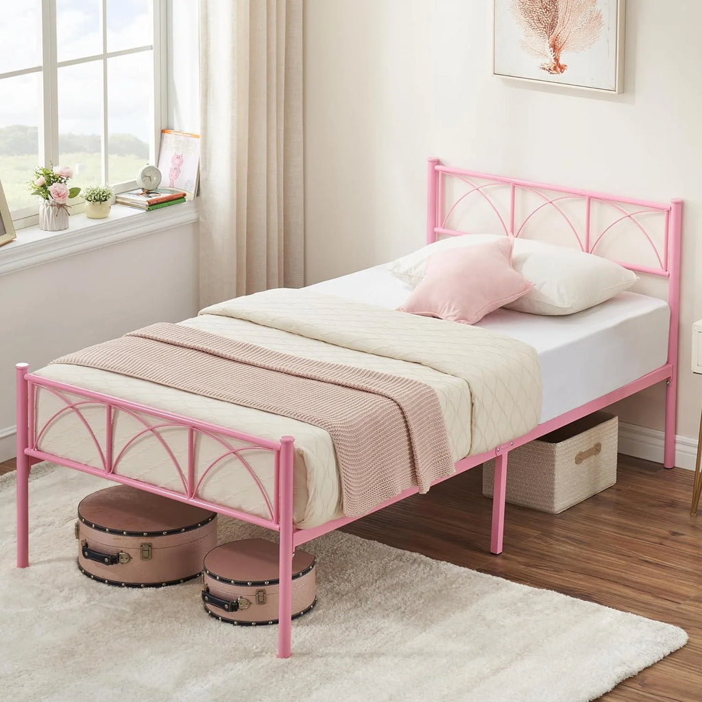 Pink Twin Metal Platform Bed Frame with Headboard S996256