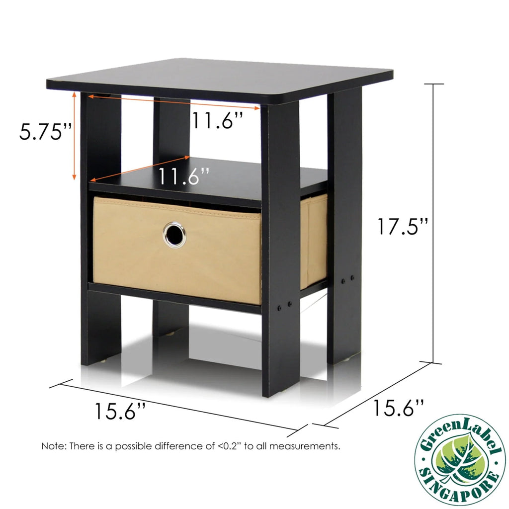 French Oak Grey Black Set of 2 End Table Nightstand with Bin Drawer W47801