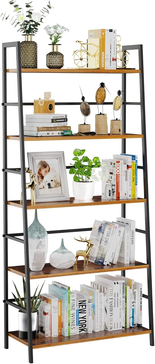 5-Tier Wood Bookshelf with Metal Frame I14486