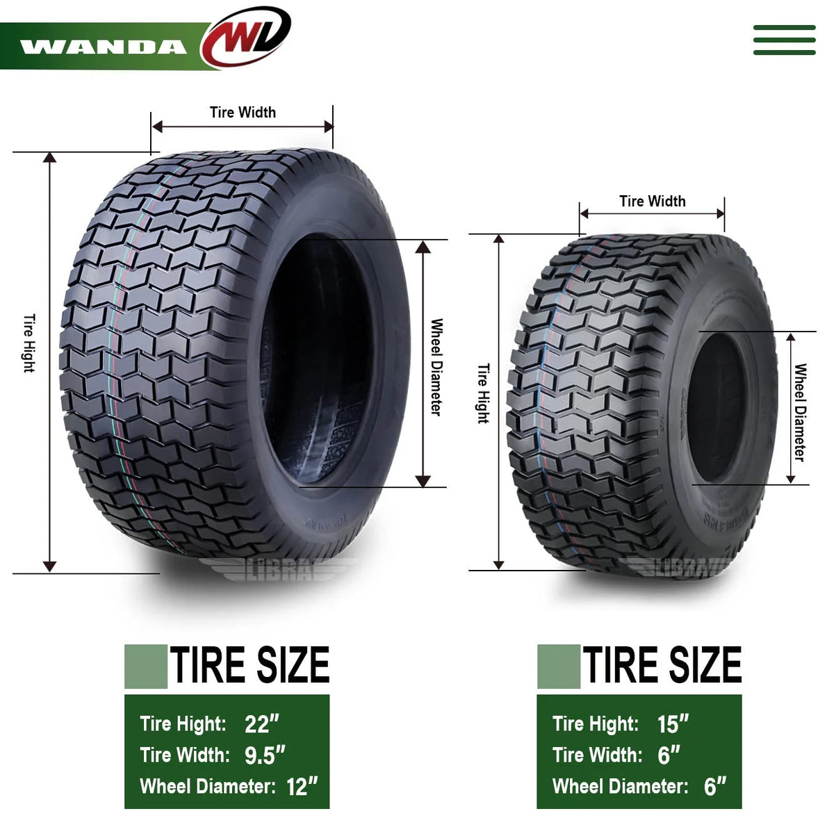 15X6-6 & 22X9.5-12 Lawn Mower Tractor Turf Tires Set 4 A25293