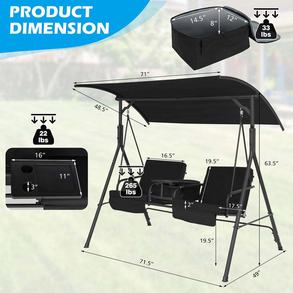 2-Person Canopy Porch Swing Padded Chair with Cooler Bag N2729