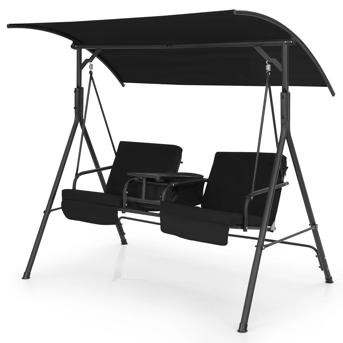 2-Person Canopy Porch Swing Padded Chair with Cooler Bag N2729