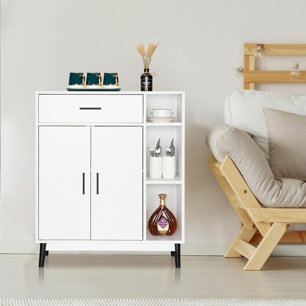 White Wood Accent Cabinet with Open Shelves and Doors F5231