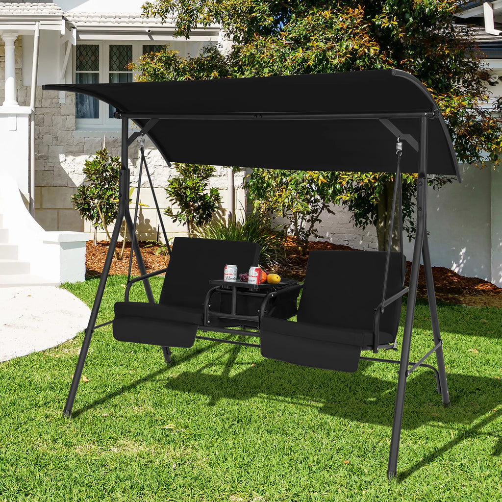 2-Person Canopy Porch Swing Padded Chair with Cooler Bag N2729