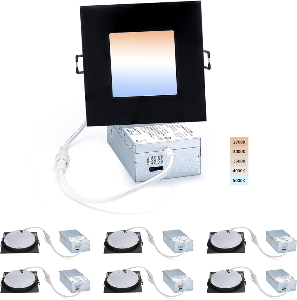4-inch LED Canless Recessed Slim-Downlight 5 CCT Adjustable Dimmable 2700-5000K 9W White Square 6 Pack B2556