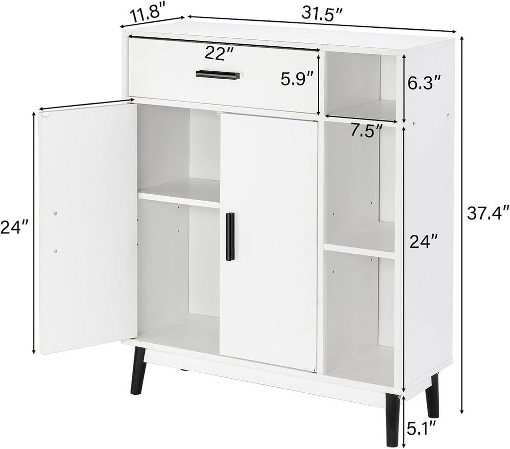 White Wood Accent Cabinet with Open Shelves and Doors F5231