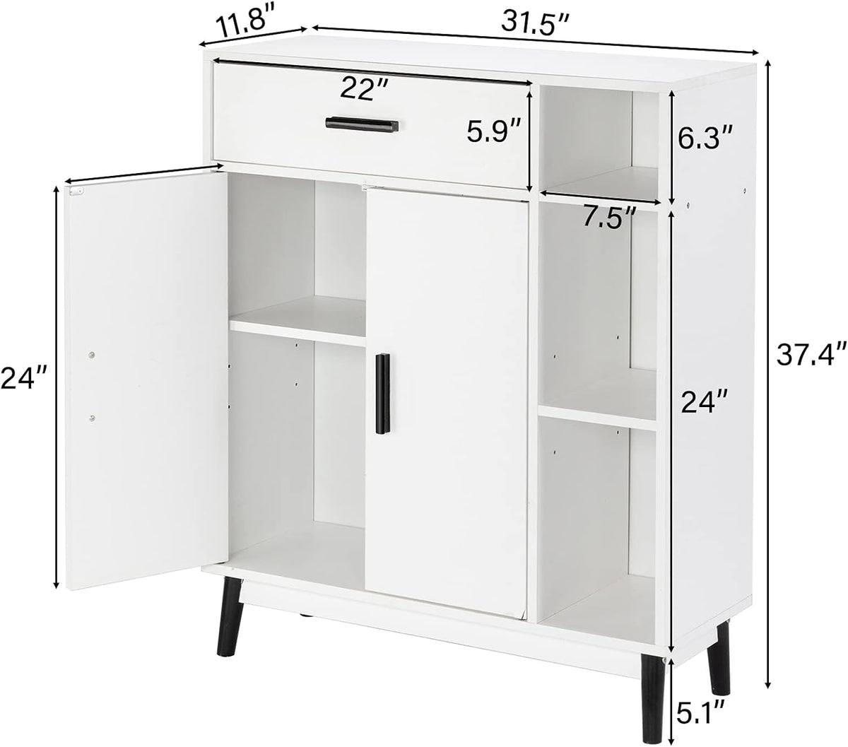 White Wood Accent Cabinet with Open Shelves and Doors F5231