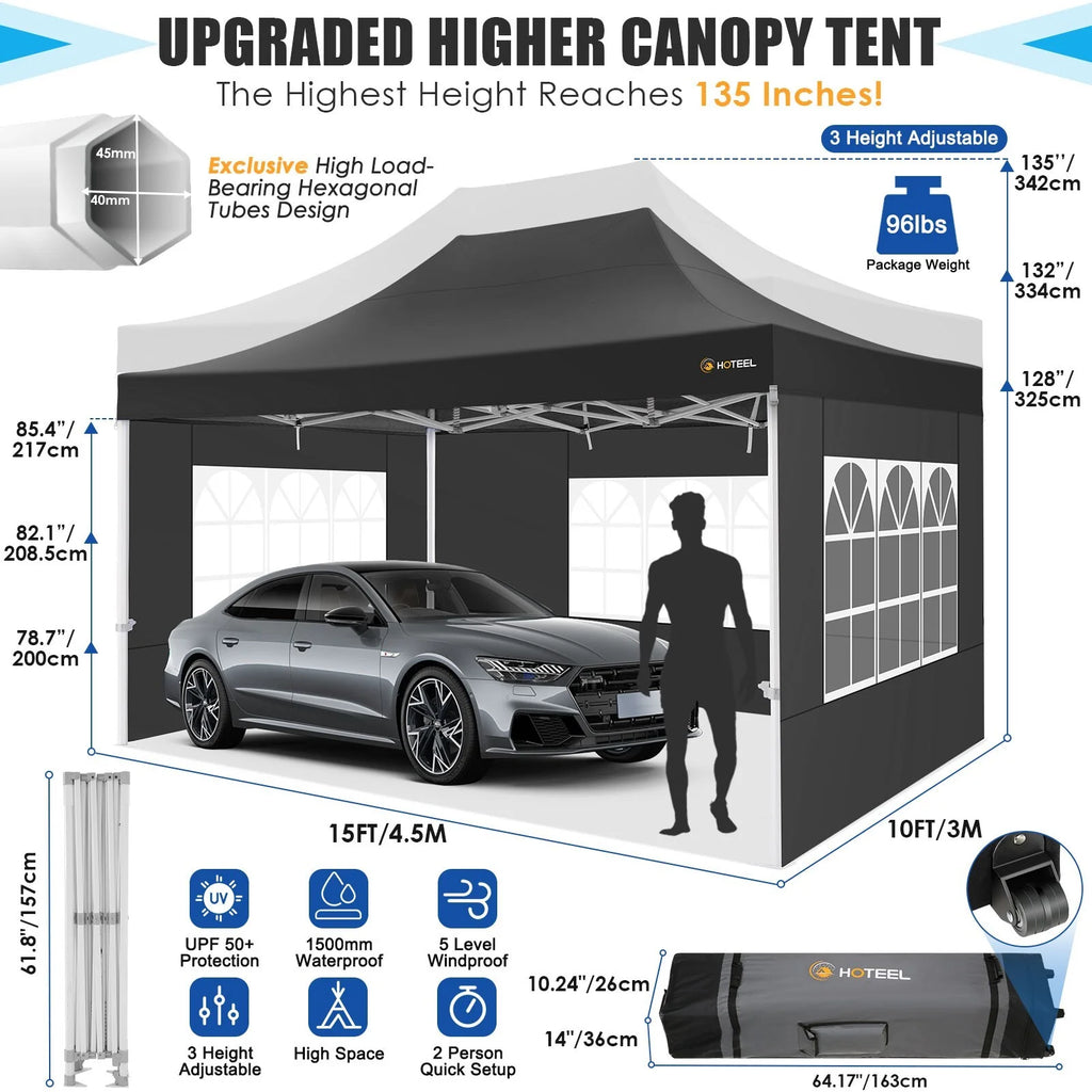 10x15 Heavy Duty Pop up Canopy Tent with 4 Sidewalls and Roller Bag, Black D234595