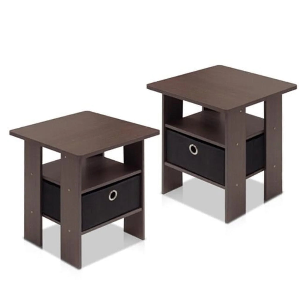 French Oak Grey Black Set of 2 End Table Nightstand with Bin Drawer W47801