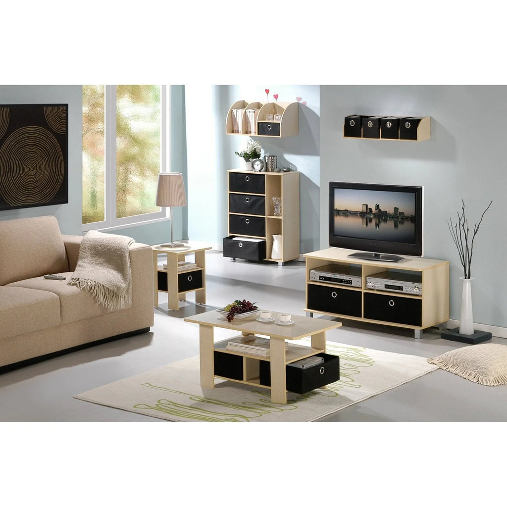 French Oak Grey Black Set of 2 End Table Nightstand with Bin Drawer W47801