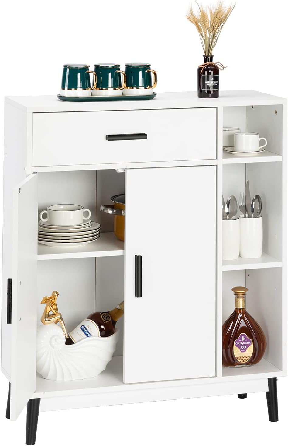 White Wood Accent Cabinet with Open Shelves and Doors F5231