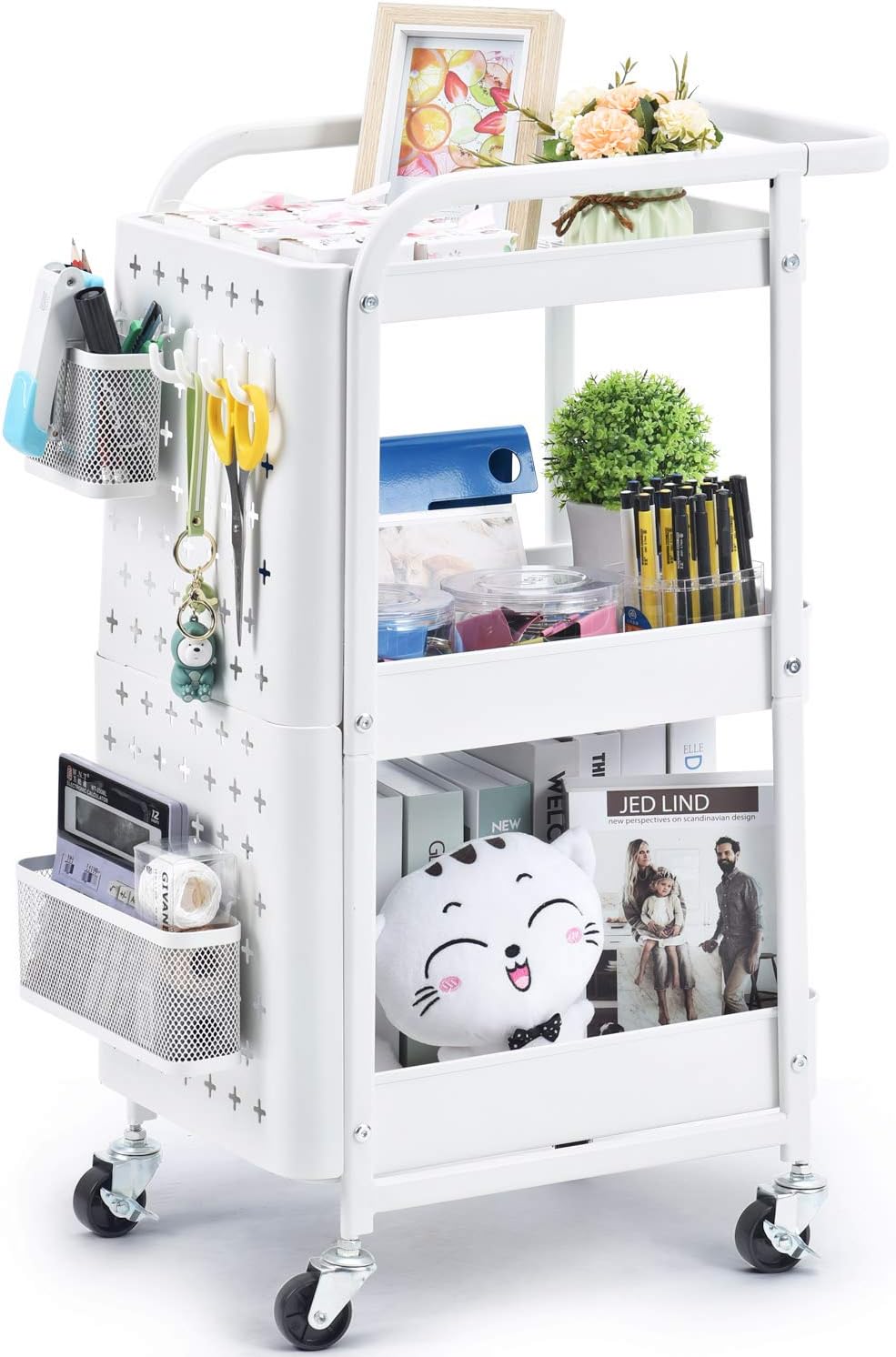3-Tier Metal Rolling Storage Cart with Pegboard P61179