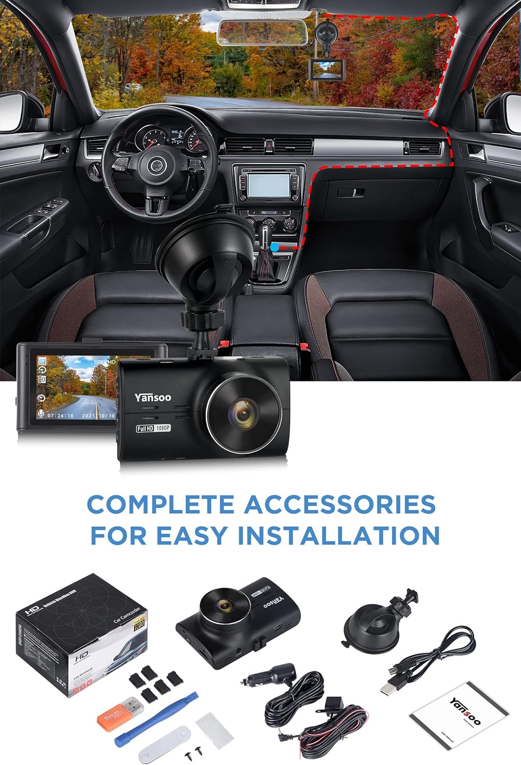 1080P FHD Front and Rear Dash Cam with Night Vision K1461