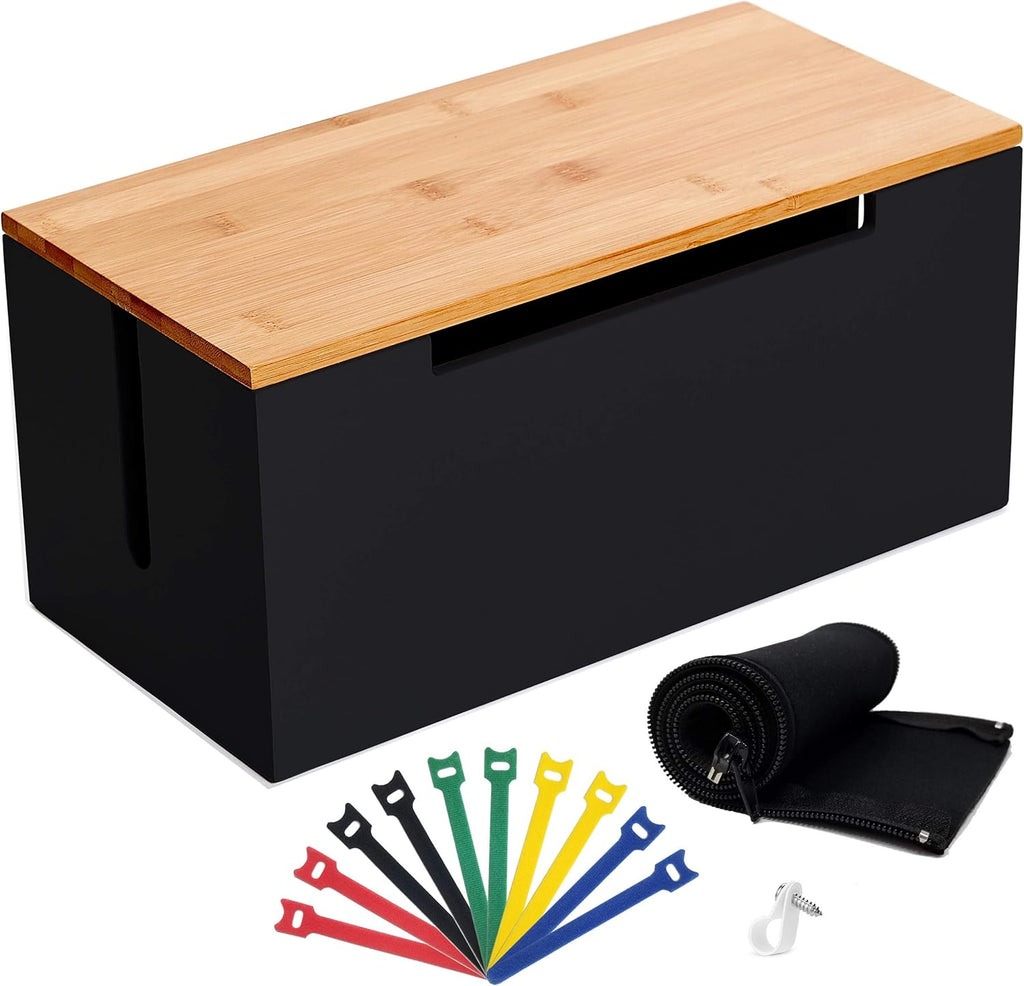Bamboo Cable Management Box Organizer Storage Large Wood Cord Cover (Black) X5947