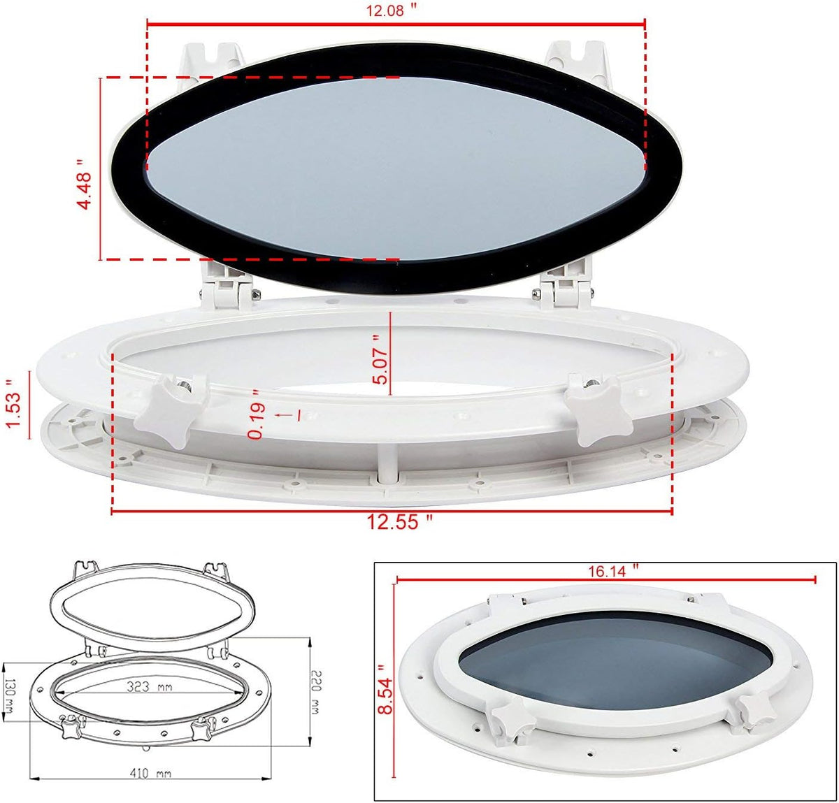 Pair of 16” x 8-5/8” Oval Opening Portlight Porthole Replacement Window N5762