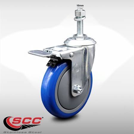 Stainless Steel Swivel Threaded Stem Caster with 5 inch Blue Wheel and Total Locking Brake Q985381