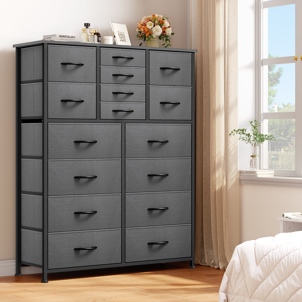 16 Drawer Fabric Dresser with Metal Frame and Wooden Top G312