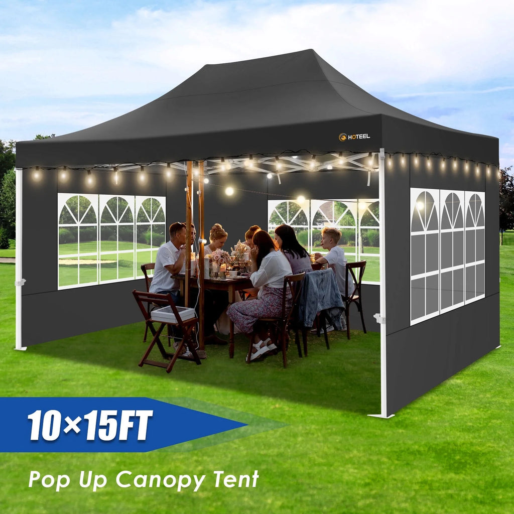 10x15 Heavy Duty Pop up Canopy Tent with 4 Sidewalls and Roller Bag, Black D234595