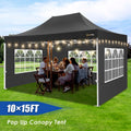 10x15 Heavy Duty Pop up Canopy Tent with 4 Sidewalls and Roller Bag, Black D234595