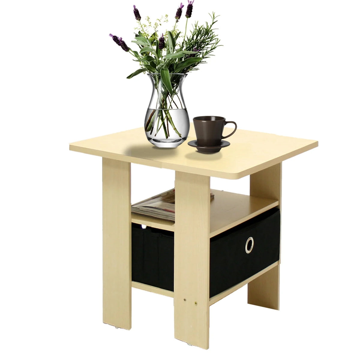 French Oak Grey Black Set of 2 End Table Nightstand with Bin Drawer W47801